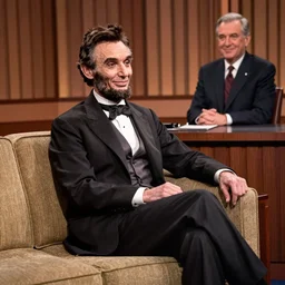 high resolution photograph of a smiling Abraham Lincoln sitting on a couch taking questions from Richard Alva Cavett sitting behind a desk during a 1968 talk show