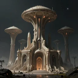 brutalist alien civilization, matte painting by Martin Deschambault, space color scheme, featured in artstation, octane render, cinematic, elegant, intricate, 8k