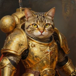 an oil painting of a cat as the emperor of Mankind from the Warhammer 40k, sparkly cat eyes, golden armour, glorious, cinematic, realistic lighting, masterpiece, smooth
