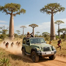 mahindra thar driving through madagascar with baobabs trees, tribe members chasing for an attach, action scene, artgerm and greg rutkowski and alphonse mucha, an epic fantasy, volumetric light, detailed, establishing shot, an epic fantasy, trending on art station, octane render, midsommar