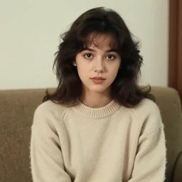 photo of a 1980s young woman. she is wearing a sweater. she is sitting in the living room. soft lighting. personal photo