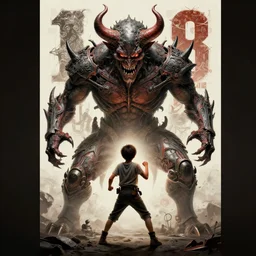 perfectly - centered - 8 0's movie poster of a kid fighting demon, intricate, highly detailed, digital painting, artstation, concept art, smooth, sharp focus, illustration, unreal engine 5, 8 k, art by artgerm and dave rapoza and sam spratt