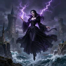 a hyperdetailed matte painting of yennefer as a goth vampire princess floating in front of a tower, crackling lighting magic, overlooking cliffs and crashing waves in the background, highly detailed, deep focus, elegant, digital painting, sharp focus, ultra realistic, 8 k, art by greg rutkowski and rembrandt and alphonse mucha, ultrawide lens
