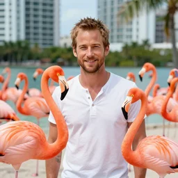 paul walker surrounded by flamingos, miami, florida, 3 5 mm, f / 2. 8