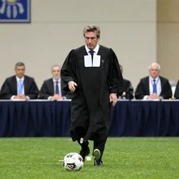 Mauricio Macri playing football with judges in robes