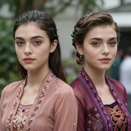 portrait of demi rose and charlie grace moretz wearing kebaya in jakarta, by charlotte grimm, natural light, detailed face, beautiful features, symmetrical, canon eos c 3 0 0, ƒ 1. 8, 3 5 mm, 8 k, medium - format print, half body shot