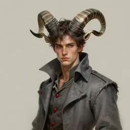 a triple a game concept art of a handsome young man with large curved backward imp horns on a head in tattered slate - gray collared coat with red buttons, black and white striped horns, art by cushart krentz and greg rutkowski, elegant, morandi color scheme, fantasy style, 8 k resolution, octane render, commission art