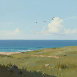 painterly concept art landscape with birds flying above the ocean