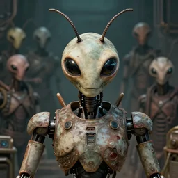 friendly humanoid insect robot, portrait bust, symmetry, faded colors, exotic alien features, cypherpunk background, tim hildebrandt, wayne barlowe, bruce pennington, donato giancola, larry elmore, masterpiece, trending on artstation, featured on pixiv, cinematic composition, beautiful lighting, sharp, details, hyper detailed, 8 k, unreal engine 5