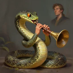 a detailed portrait of a snake making music on a recorder, by justin gerard and greg rutkowski, digital art, realistic painting, dnd, dungeons & dragons, character design, trending on artstation