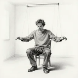 a highly detailed pencil sketch of a man sitting in a white room with strings attached to his hands like a puppet, 2 d drawing, highly detailed, realism, by artgerm