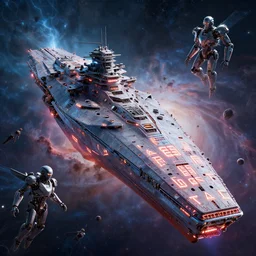 a physical based rendering of a single massive spacewarship with glowing engraved neon inscriptions and floating in an cosmic nebulae, huge level structure, mechanical, electron flow, android, metal, light effect, 3 d render, in the style of pascal blanche and sparth juan raphael lacoste paul pepera pablo roldan, 4 k hd, hyper detailed