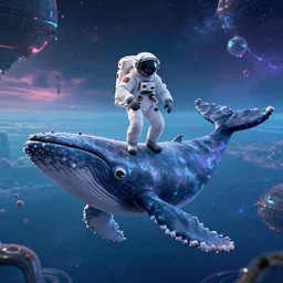 astronaut riding on top of floating whale, in undiscovered place, space, exploration, science fiction, fine details, beautiful sky, infinite view, neon - n 1 0