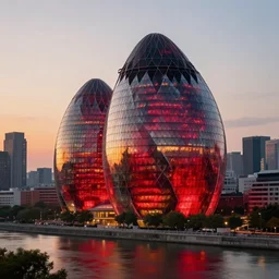 A beautiful architectural rendering of a blob shaped trypophobia house with a mysterious red glow emitting from inside in a modern cityscape by a river, stunning, gorgeous, golden ratio, photorealistic, featured on artstation, 4k resolution