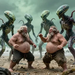 photo, friends, man two old hairy fat ugly men! fighting alien monsters 4 0 1 2 9 on a beach, highly detailed, scary, intricate details, volumetric lighting, front view