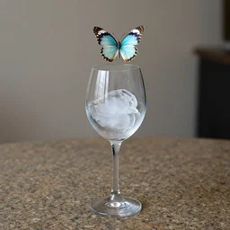 ice butterfly flying out of wine glass sitting on granite tabletop