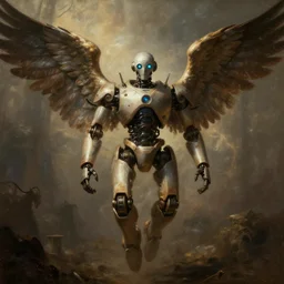 a fantasy painting in renaissance!! style of a robot with wings, centered, cinematic, beautiful lighting, artstation cinematic