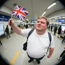 fat middle aged british man waving british flag in shinjuku station, high resolution photo, fish eye lens, comedic