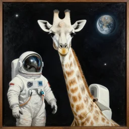 old painting of white giraffe at space with a spacesuit