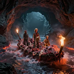 airbrush lava sea in tunnel, featuring premiered flesh raft, of rotten flesh, syd mead, enric torres, alberto bontempi, feng zu hyper realism, narrative light, muted colors, epic, hyper detailed, awe inspiring, award winning horror, torch lighting, hyper realism, cinematical