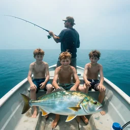 A dad with his 3 sons in a boat, the dad is fishing, underwater there is a fish with his 3 sons