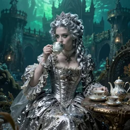 A silver haired, (((mad))) princess from the 18th century, dressed in a ragged, dirty, 18th century silver wedding dress, is ((drinking a cup of tea)),  in her right side is a porcelain tea set. She is in her ((underwater, precious, scarry castle)). mystical, atmospheric, greenish blue tones, underwater photography, concept art by John Everett Millais, Annie Stegg Gerard, Ian David Soar, John Anster Fitzgerald