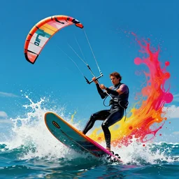 kite surfing splash art graphic design color splash high contrasting art, fantasy, highly detailed, art by greg rutkowski
