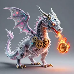 cyberpunk dragon made of psychedelic particle effects breathing a flame of clockwork and gears, high detail, glossy finish, realistic reflections, octane render