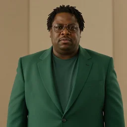 film still of hermes conrad, a short fat black man with short dreadlocks and square glasses wearing a green suit in the new scifi movie, 4 k