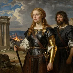 Painting of a cinematic still of a female viking with a golden arm by Rembrandt van Rijn and Hubert Robert, 200mm, Ancient Roman Ruins in the background, dramatic clouds, city in the distant on fire