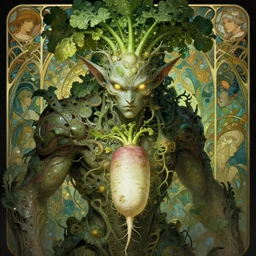 male radish humanoid monster, sci fi, glowing eyes, volumetric lights, plant theme, art nouveau botanicals, intricate, highly detailed, digital painting, artstation, concept art, smooth, sharp focus, cinematic, illustration, beautiful face, art by h. r. giger and greg rutkowski and alphonse mucha, kentaro miura