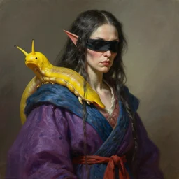 character concept portrait, blind hag with a giant yellow slug on her shoulder, digital painting, detailed, highly detailed, vivid colored robes, smooth, sharp focus, illustration by ruan jia and mandy jurgens and william - adolphe bouguereau, artgerm