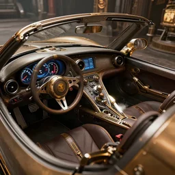the interior of a steampunk sports car, designed by tyler edlin, trending on artstation, 8 k, photorealistic, hyper detailed, unreal engine 5, imax quality, cinematic, epic lighting