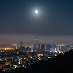 view of a city from a top of a mountain, misty, fog, city lights, night sky, big moon, photography, award winning, high quality, 8 k