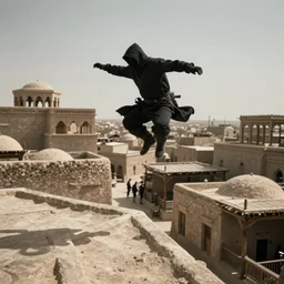 an assassin jumping between the roofs of buildings in a middle eastern ancient town