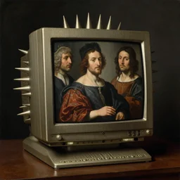 still life of ornate chinese cyberpunk ribbed spiky computer crt screen by hieronymus bosch, baroque painting, perfect center composition, detailed octane render trending on artstation, 8 k artistic photography, volumetric cinematic perfect light, chiaroscuro, masterpiece, raphael, caravaggio, beksinski, rutkowski