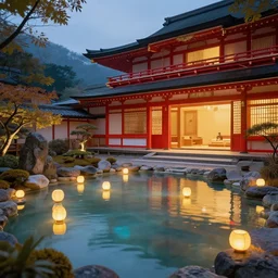 cozy ethereal empty onsen next to grand japanese architecture hotel red and gold by greg rutkowski craig mullins ross tran mucha cozy zen garden glowing water levitating lanterns lumen reflections matte painting concept art clear focus fantasy specular lighting global illumination trending on artstation