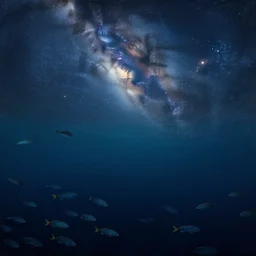 i am at the bottom of the ocean looking up, see fishes swimming, see the milk way up above through the water, night time, midnight. highly detailed painting by gaston bussiere, greg rutkowski 8 k