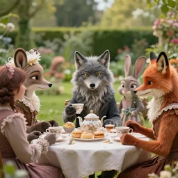 film still from the movie chappie outdoor park plants garden scene bokeh depth of field several figures sitting down at a table having a delicious grand victorian tea party crumpets furry anthro anthropomorphic stylized cat ears wolf muzzle head fox fur rabbit bunny