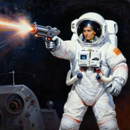 painting of a spaceman shooting a raygun, jim burns, atompunk