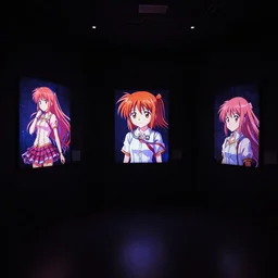 low light museum, sparse room, dark room, black walls, dark lighting, oled lights in corners, soft neon lights, dark showroom, cel - shading, 2 0 0 1 anime, flcl, jet set radio future, the world ends with you, kid a, cel - shaded, strong shadows, vivid hues, y 2 k aesthetic, art by artgerm