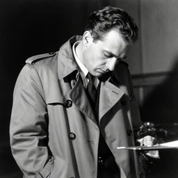 man wearing trench coat, tired from working all day, dark lighting, black and white, traditional artwork, thematic apperception test, psychometric, in the style of normal rockwell