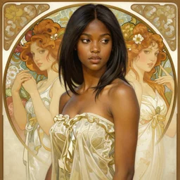 handsome black young women with shoulder length black hair, half body shot, path traced, highly detailed, high quality, digital painting, alena aenami, lilia alvarado, shinji aramaki, karol bak, alphonse mucha, tom bagshaw