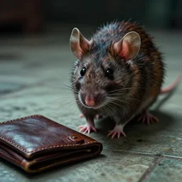 cinematic colorful horror artwork by artgerm, beksinski, wlop, stephen king ; real life full portrait close up of ugly furry mouse standing near old leather wallet lying on tiled clean floor, macro scale ; low angle ground level view ; dark ominous scary, 8 k hdr, creepy intricate ; volumetric dramatic lighting, insanely detailed, haunting
