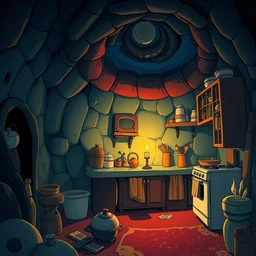 naive nerikomi, weird perspective, cel shading, detailed illustration of a kitchen dim lit by 1 candle in a scenic spiral environment by anton fadeev from lorax movie, trending artstation