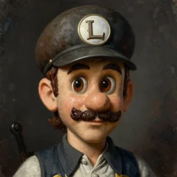 An ultra realistic portrait painting of Luigi wearing his cap in the style of Frank Frazetta, 4k, Ultrarealistic, Highly Detailed, Dark Fantasy, Epic Lighting
