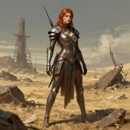 doncella de hierro in a wasteland, digital art, artstation, realistic, sharp, detailed, high quality, by greg rutkowski, by alphonse mucha
