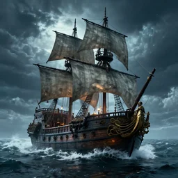 pirate ship on a magical stormy sea, 8k, HDR, cinematic, volumetric lighting, unreal engine 5