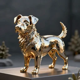 A shiny metallic sculpture of Lassie the rough collie