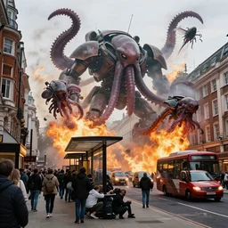 a perfect colour street level portrait photograph of a high street in london being engulfed in an invading aerial fleet of armoured gargantuan giant mechanised squids, bombarding the area with flaming jelly attacks. the crowds below are cowering beneath a bus shelter